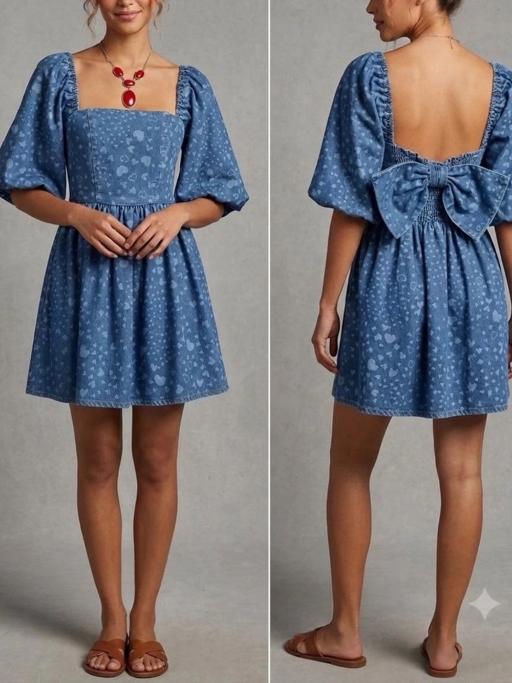 Avec Les Filles Swirling Hearts Denim Babydoll Mini Dress